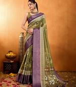 mehndi silk blend floral print saree with unstitched blouse piece