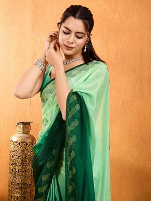 green chiffon swaroski work work saree with unstitched blouse piece 1
