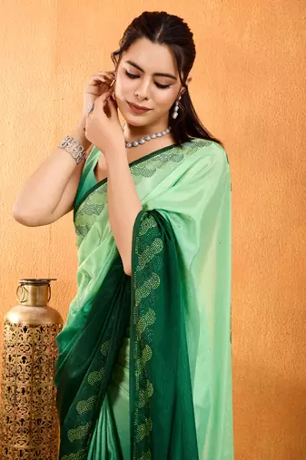 green chiffon swaroski work work saree with unstitched blouse piece
