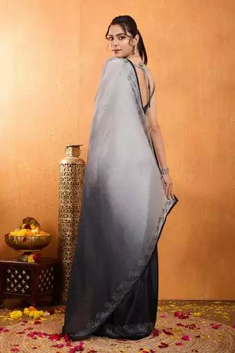 grey chiffon swaroski work work saree with unstitched blouse piece