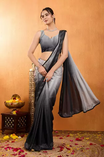 grey chiffon swaroski work work saree with unstitched blouse piece