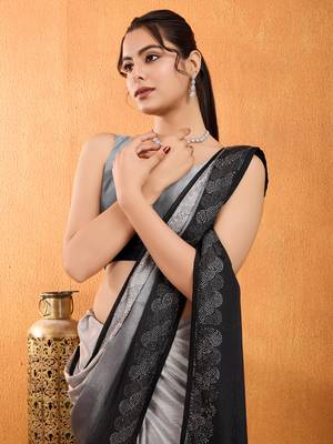 grey chiffon swaroski work work saree with unstitched blouse piece 4