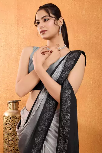 grey chiffon swaroski work work saree with unstitched blouse piece