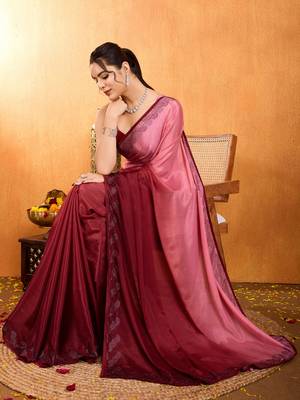 maroon chiffon swaroski work work saree with unstitched blouse piece 1