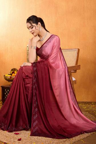 maroon chiffon swaroski work work saree with unstitched blouse piece