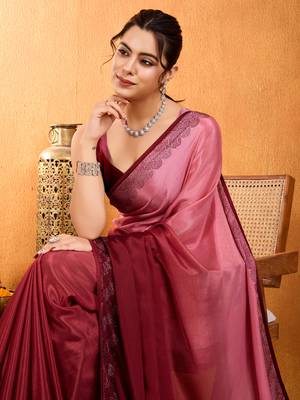 maroon chiffon swaroski work work saree with unstitched blouse piece 3