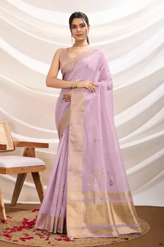 lavender tissue linen khatli work saree with unstitched blouse piece