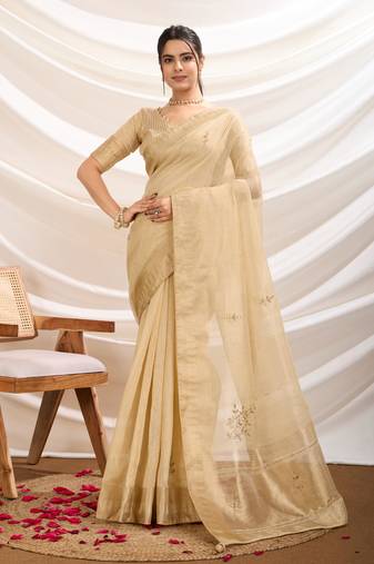 beige tissue linen khatli work saree with unstitched blouse piece