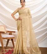 beige tissue linen khatli work saree with unstitched blouse piece