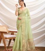 Women's mint tissue linen khatli work saree with unstitched blouse piece