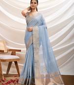 Women's sky blue tissue linen khatli work saree with unstitched blouse piece