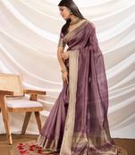 mauve tissue linen hand work saree with unstitched blouse piece