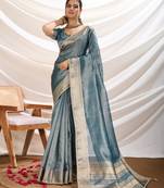 teal tissue linen hand work saree with unstitched blouse piece