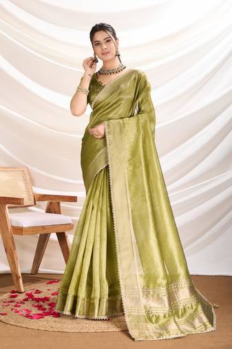 mehndi tissue linen hand work saree with unstitched blouse piece