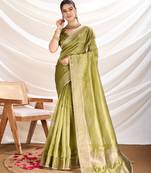 mehndi tissue linen hand work saree with unstitched blouse piece