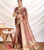 brown tissue linen hand work saree with unstitched blouse piece