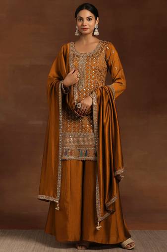 Art Silk Sequins Embroidery Kurta Palazzo Set with Dupatta for Women