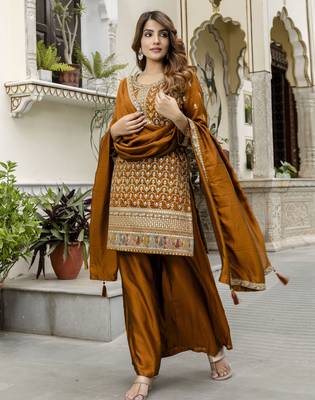 Trendmalls Art Silk Sequins Embroidery Kurta Palazzo Set with Dupatta for Women 1