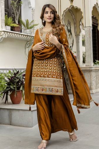 Art Silk Sequins Embroidery Kurta Palazzo Set with Dupatta for Women