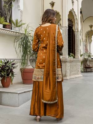 Trendmalls Art Silk Sequins Embroidery Kurta Palazzo Set with Dupatta for Women 3