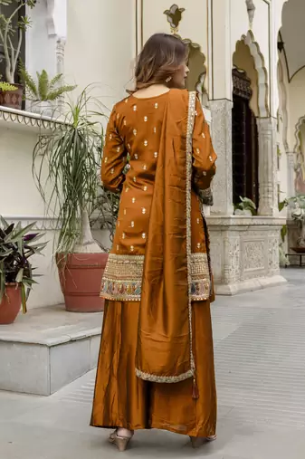 Trendmalls Art Silk Sequins Embroidery Kurta Palazzo Set with Dupatta for Women