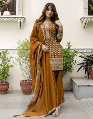 Trendmalls Art Silk Sequins Embroidery Kurta Palazzo Set with Dupatta for Women 4