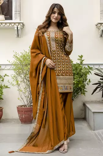 Trendmalls Art Silk Sequins Embroidery Kurta Palazzo Set with Dupatta for Women