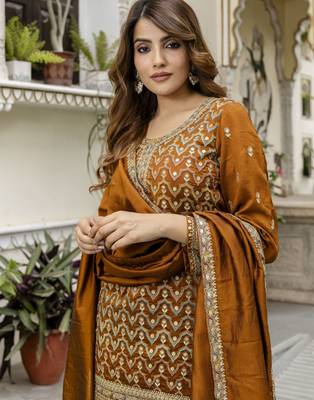 Trendmalls Art Silk Sequins Embroidery Kurta Palazzo Set with Dupatta for Women 5