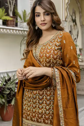 Trendmalls Art Silk Sequins Embroidery Kurta Palazzo Set with Dupatta for Women