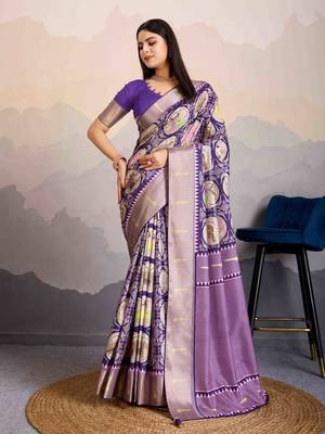 violet satin digital print saree with unstitched blouse piece 1
