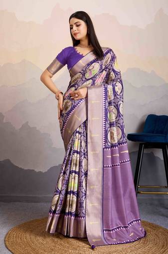 violet satin digital print saree with unstitched blouse piece