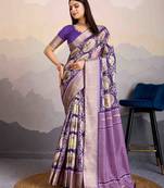 violet satin digital print saree with unstitched blouse piece