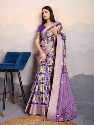 violet satin digital print saree with unstitched blouse piece 2