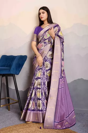 violet satin digital print saree with unstitched blouse piece