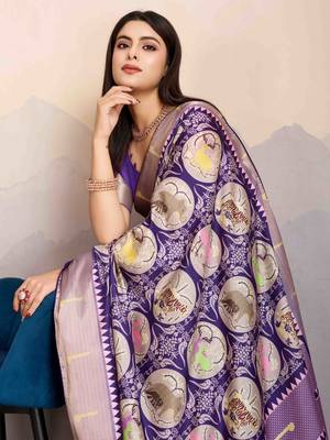 violet satin digital print saree with unstitched blouse piece 3