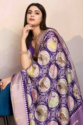violet satin digital print saree with unstitched blouse piece