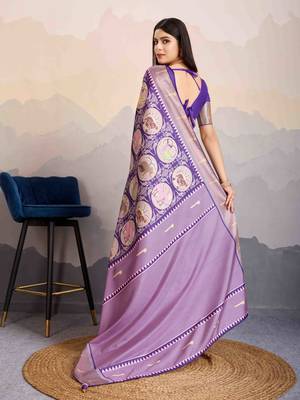 violet satin digital print saree with unstitched blouse piece 4