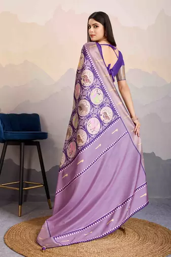 violet satin digital print saree with unstitched blouse piece