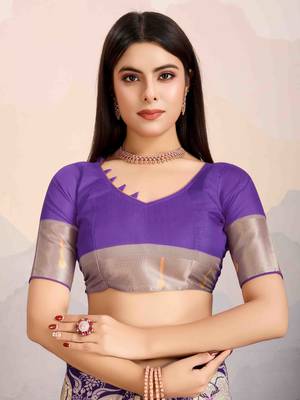 violet satin digital print saree with unstitched blouse piece 5