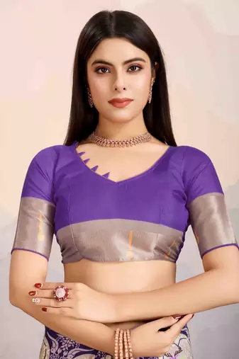 violet satin digital print saree with unstitched blouse piece