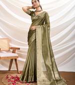 olive tissue linen hand work saree with unstitched blouse piece