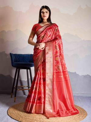 Women's rust satin digital print saree with unstitched blouse piece 1