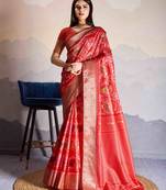 Women's rust satin digital print saree with unstitched blouse piece