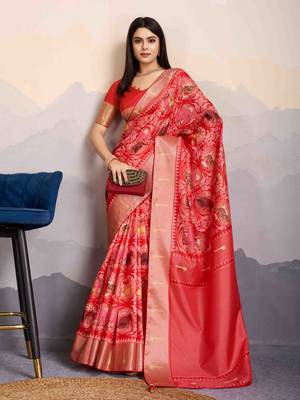 Women's rust satin digital print saree with unstitched blouse piece 2