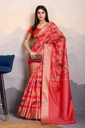 Women's rust satin digital print saree with unstitched blouse piece