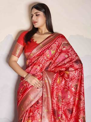 Women's rust satin digital print saree with unstitched blouse piece 3