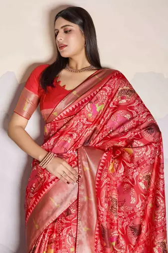 Women's rust satin digital print saree with unstitched blouse piece