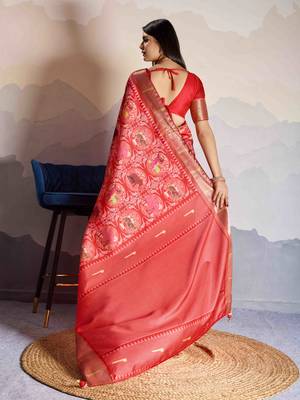 Women's rust satin digital print saree with unstitched blouse piece 4