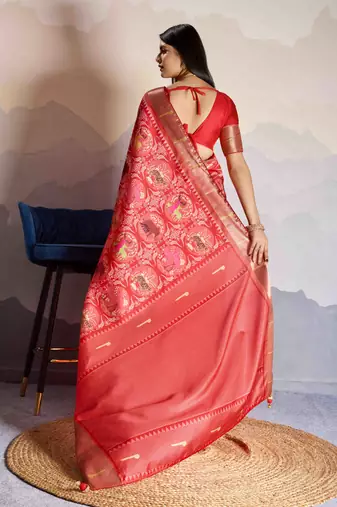 Women's rust satin digital print saree with unstitched blouse piece