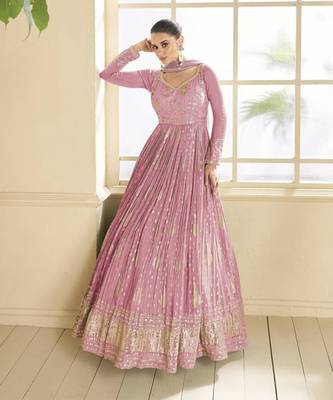 Pink Embroidered Georgette Semi-Anarkali with Dupatta 1